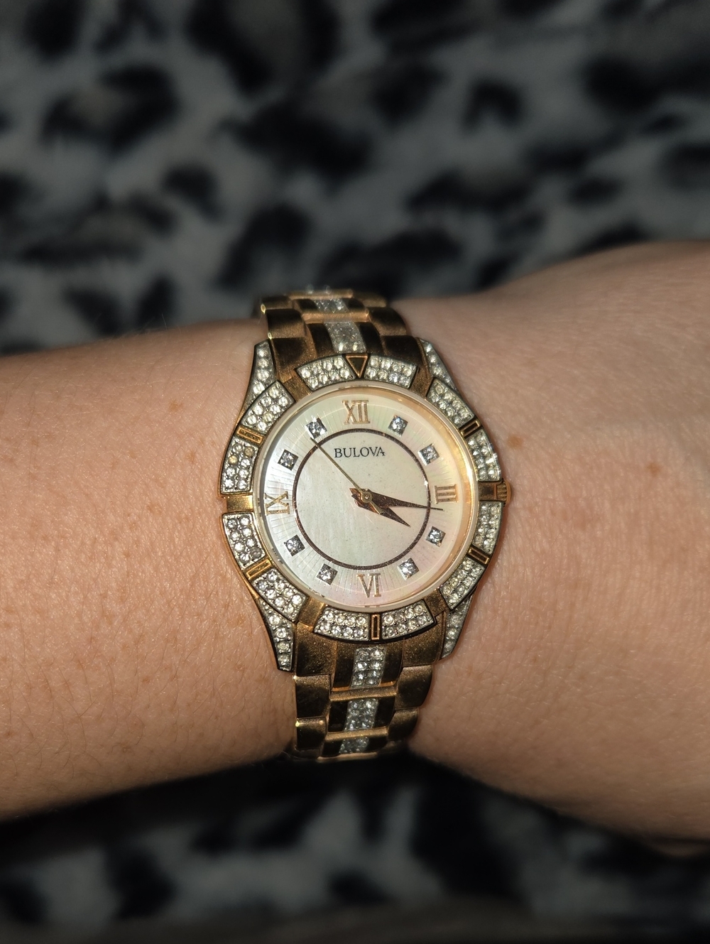 Bulova Women’s Rose Gold-Tone Crystal Watch with Mother-of-Pearl Dial